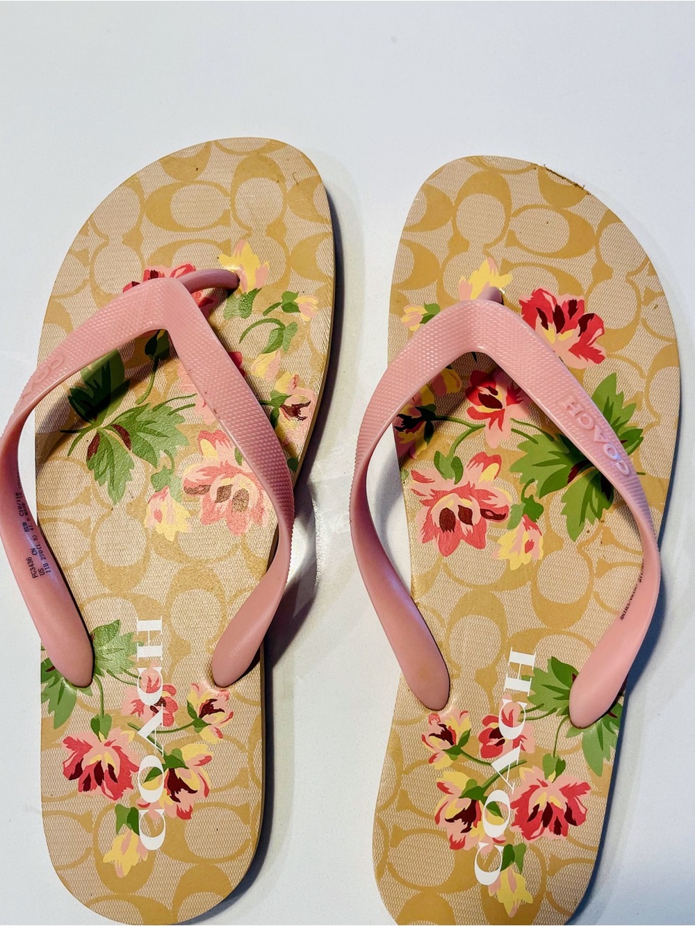 Coach Pink-Strap Floral Logo Sandals